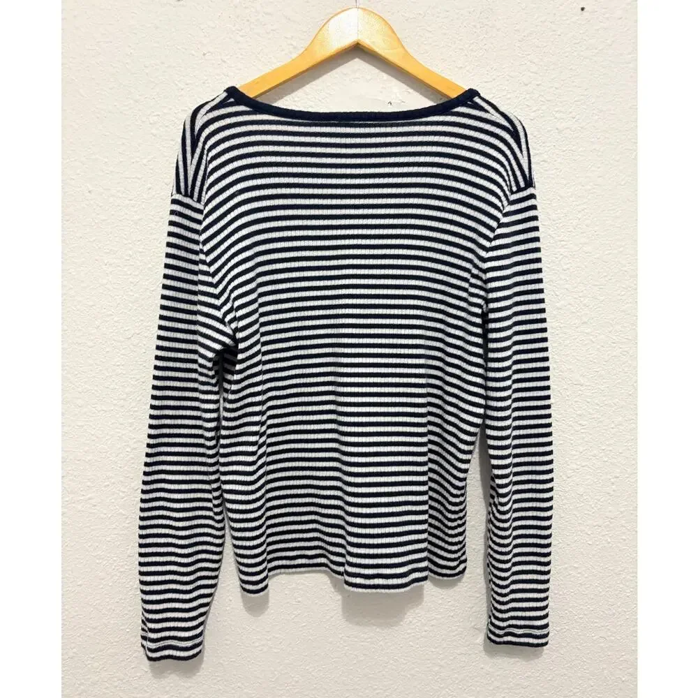 J. Crew Striped Henley Minimalist Coastal Summer Preppy Blue White